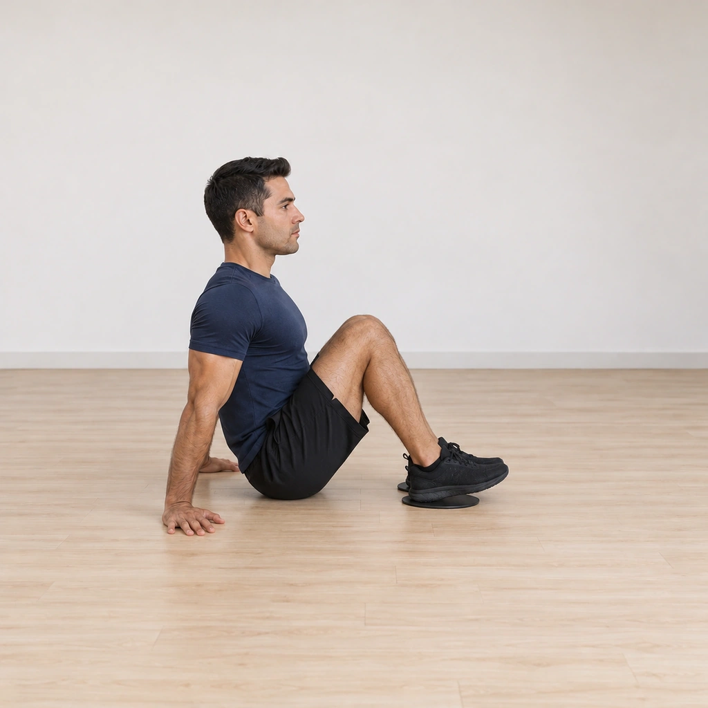 He holds the full tuck: knees drawn in near his chest, heels still on the sliders beneath him, trunk held upright - the top of the cycle.