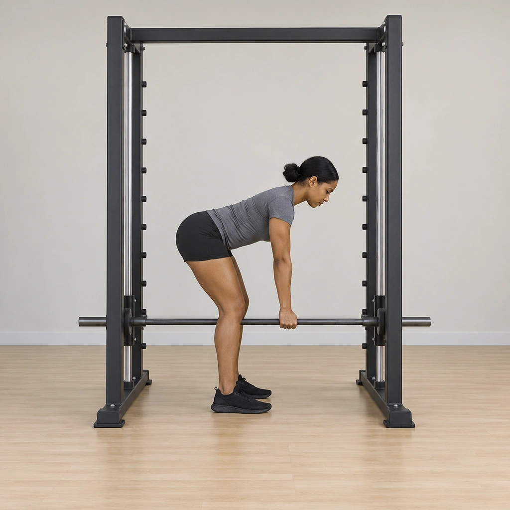She stands hinged: knees soft, torso almost parallel to the floor, head up, both hands gripping the guided bar overhand at its below-knee rack height.