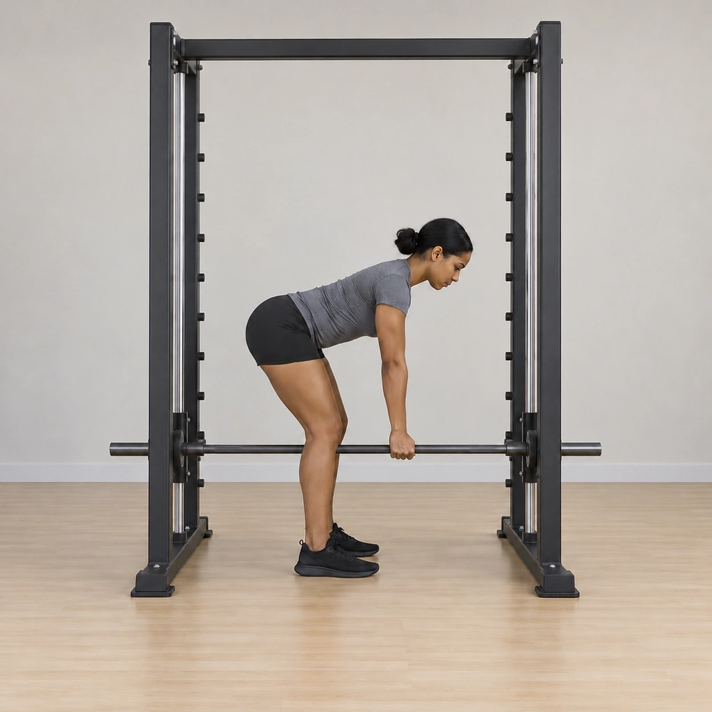 She hangs the bar free of the hooks: arms fully extended, the guided bar hanging straight down in front of her on the rails, her torso still near-parallel.