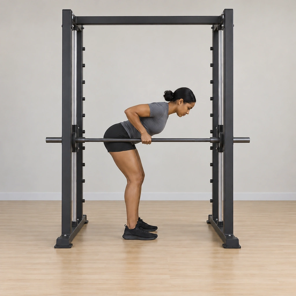 She rows the bar up the rails: elbows bending close along her sides, the bar travelling toward her lower ribs, her torso still near-parallel and still.