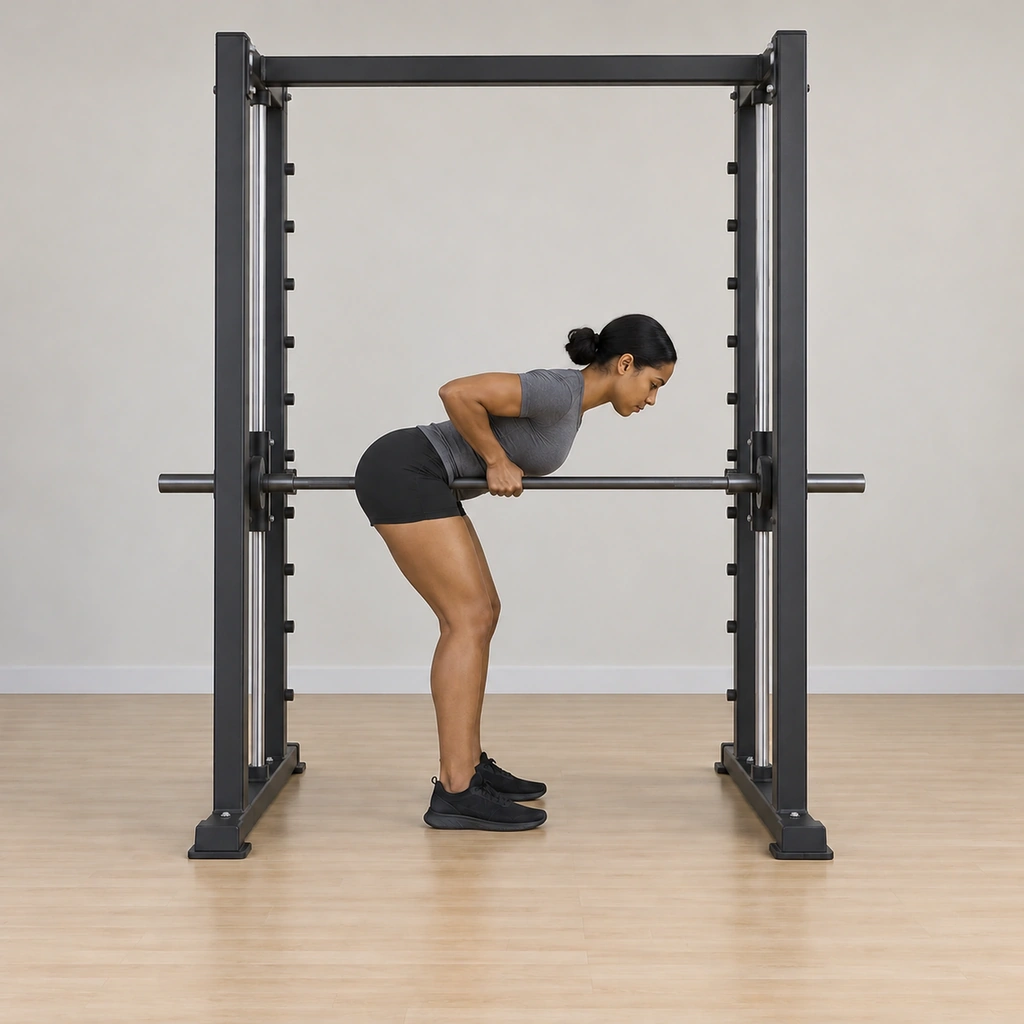 She holds the top: the bar drawn to her torso on the rails, elbows fully flexed and close, the back squeezed at the one-second hold, her torso still near-parallel.