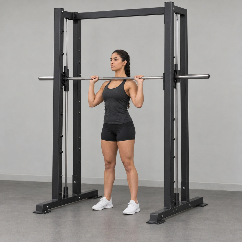 A woman standing tall between the uprights of a Smith machine, the bar resting across the front of her shoulders and both hands gripping it.