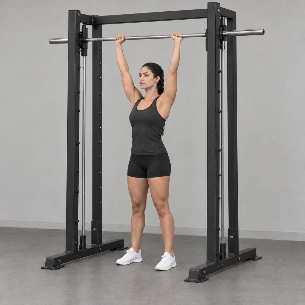 The same woman between the uprights with both arms fully extended overhead, the bar high on its rails above her shoulders.