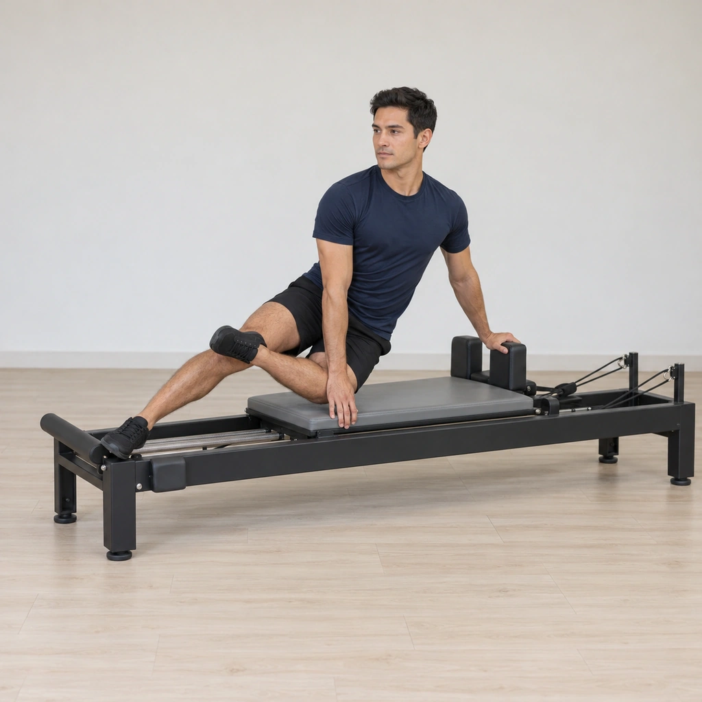 He is mounted across the reformer, one hand on the shoulder rest and the other on the carriage edge, his outside foot turned out on the lowered padded footbar and his inside foot crossed high over his shin, the carriage closed.