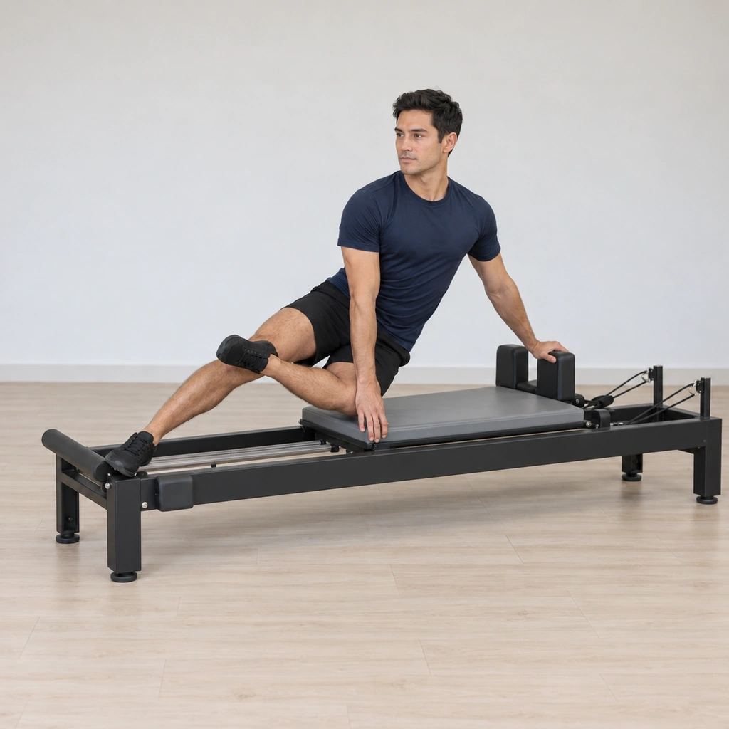The carriage has slid out under his outside leg's press alone, his arms braced between the shoulder rest and the carriage edge without driving the travel.