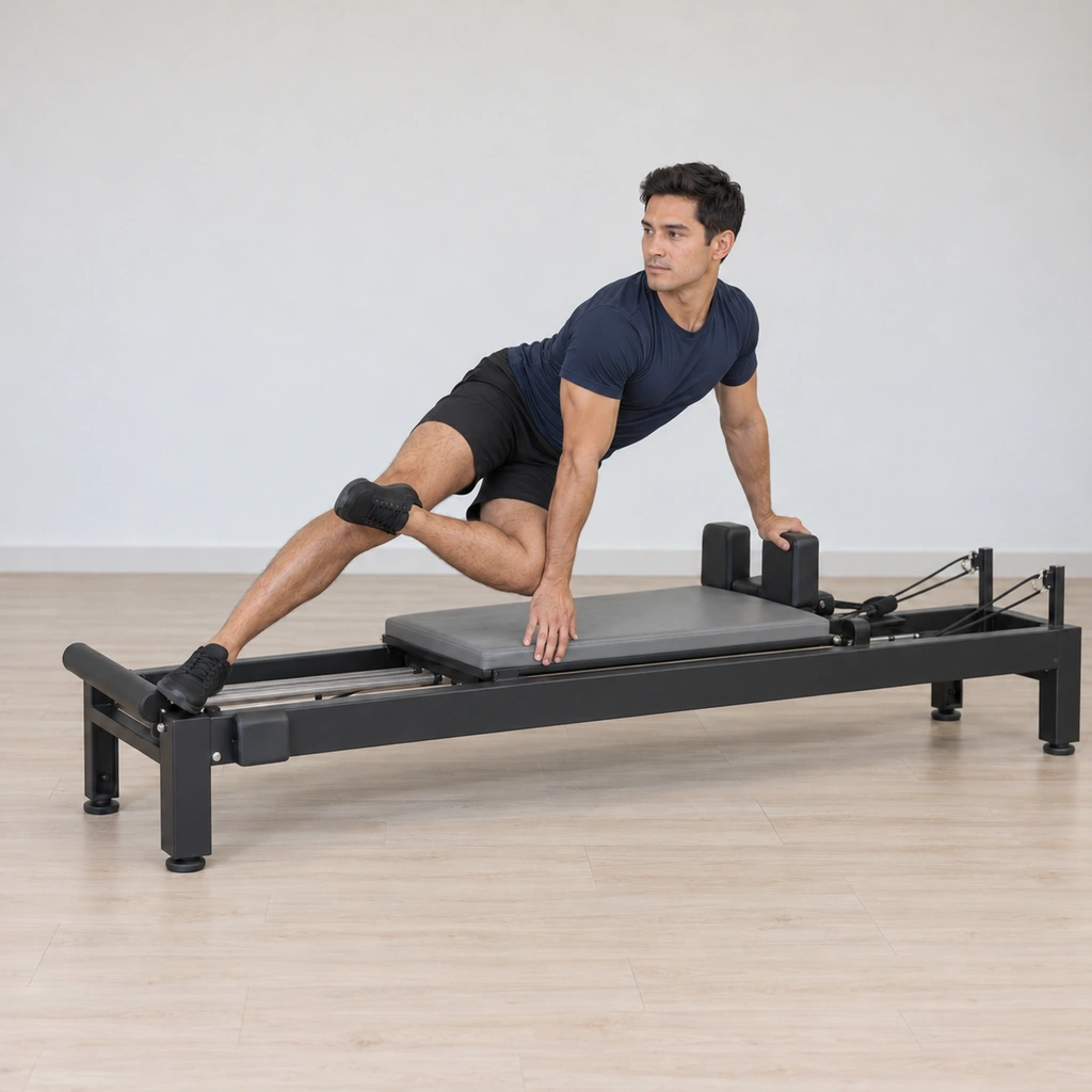 His body has snaked through the span of his arms while the carriage stays where the leg press left it, his hands still on the rest and the edge.