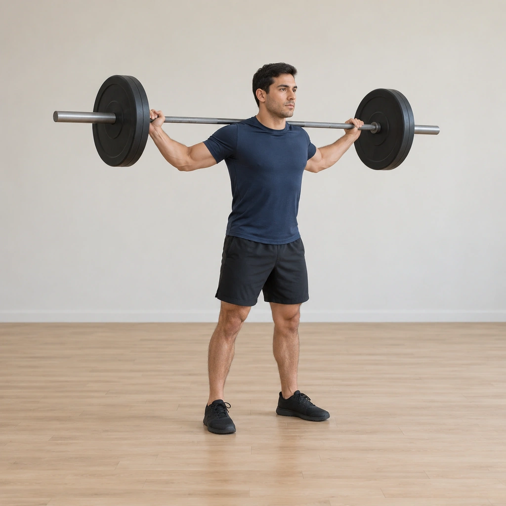 He stands tall with the barbell racked across his upper back and shoulders, hands holding a wide snatch grip, feet in the pulling stance, chest up.