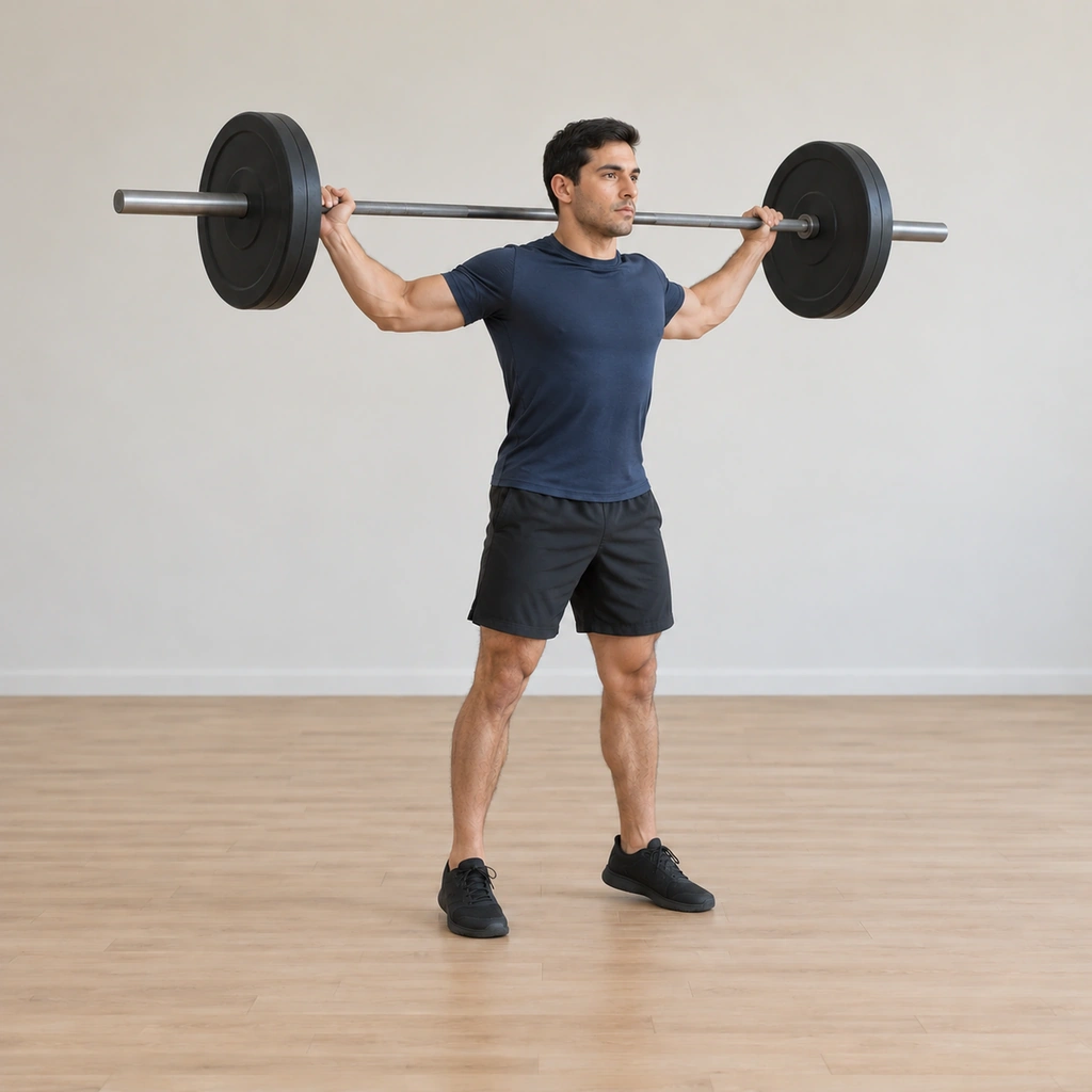 He has dipped at the knees and driven abruptly upward, the bar popping just off his shoulders, feet still planted, body extended.