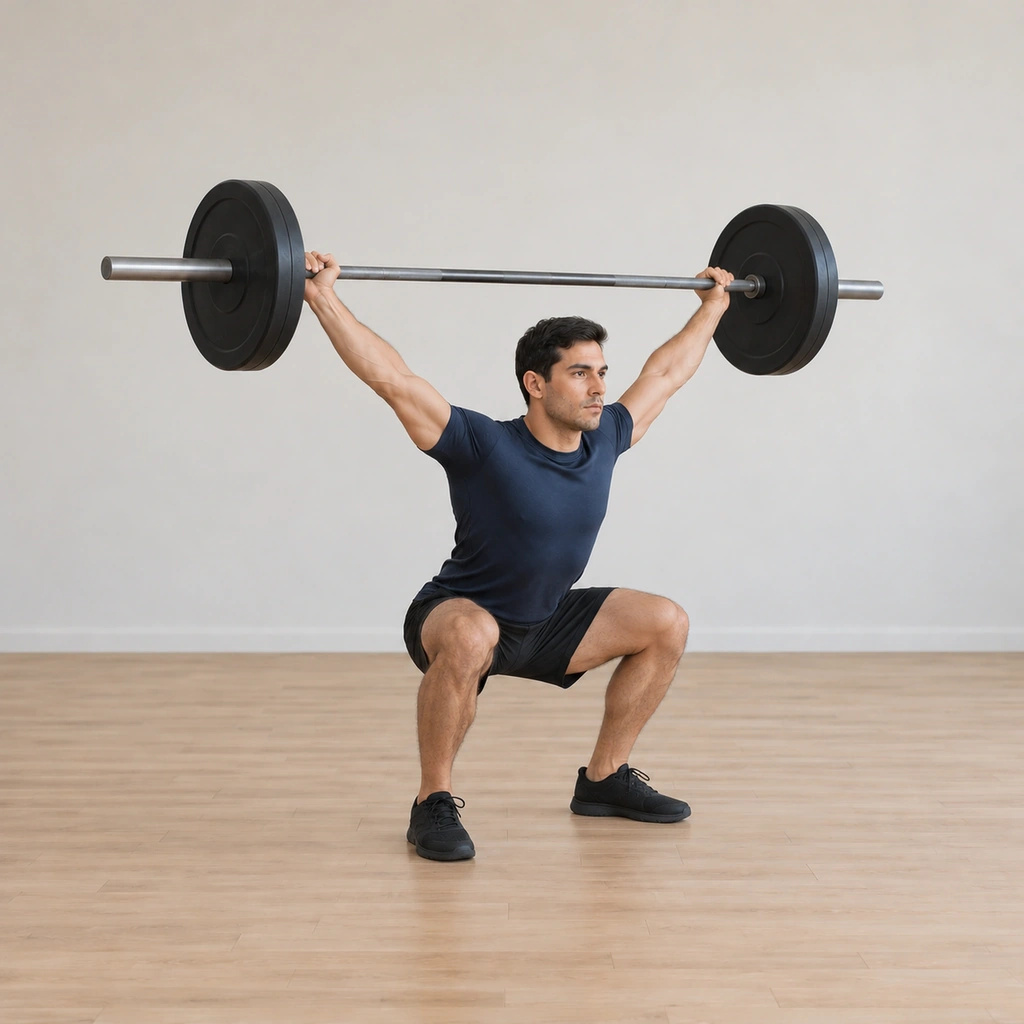 He has driven under the bar into the bottom of an overhead squat, arms locked straight holding the bar overhead, feet transitioned wide into the receiving stance, hips low between the legs, torso vertical.