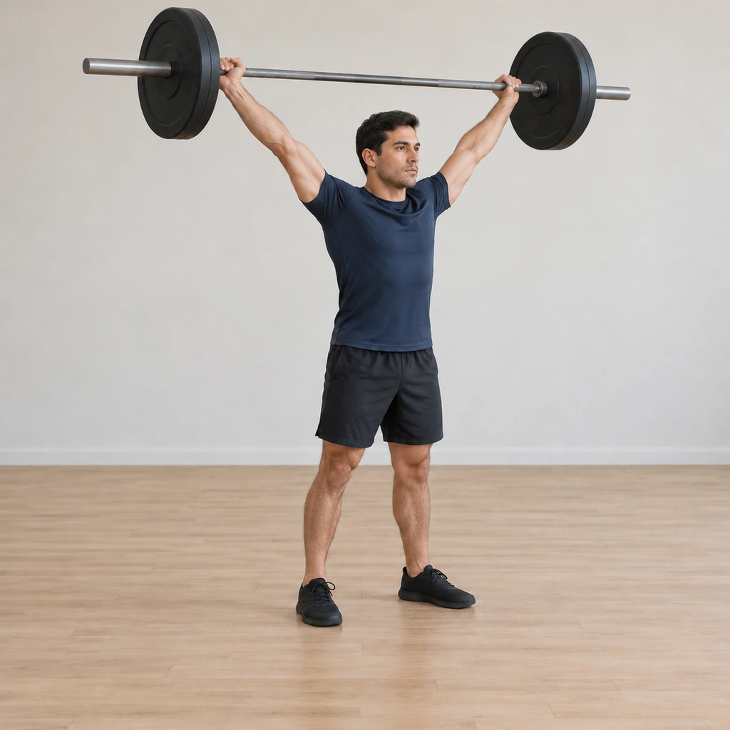 He is driving up from the full-depth overhead squat toward standing, the bar held locked overhead, feet planted in the receiving stance.