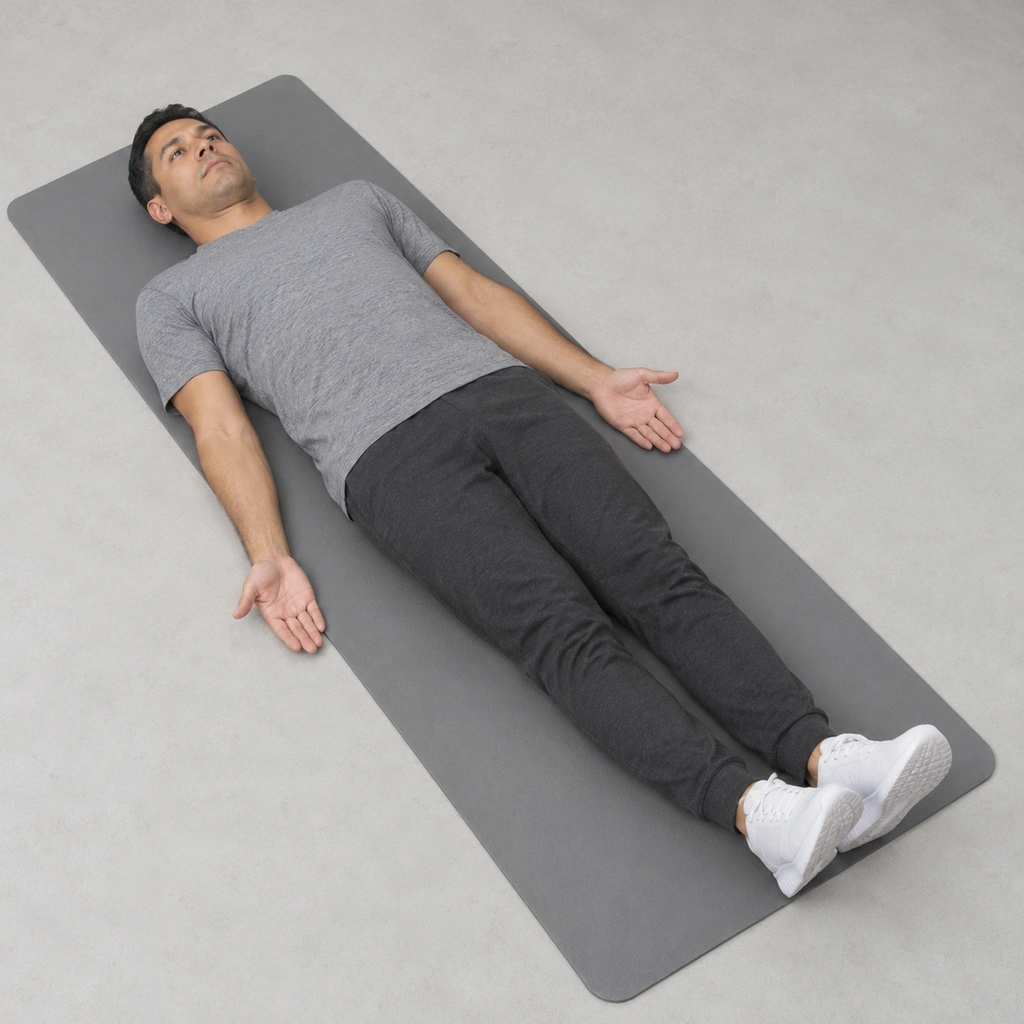 A man lying face-up on a mat with both arms resting flat at his sides, palms turned upward and thumbs pointing outward, elbows straight.