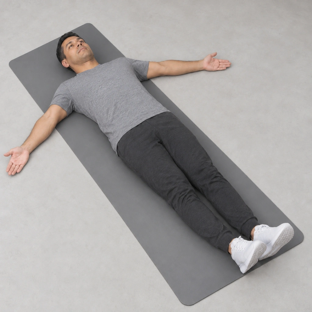 The same man lying face-up, now with both straight arms extended out to the sides at shoulder height, staying close to the mat, elbows straight.