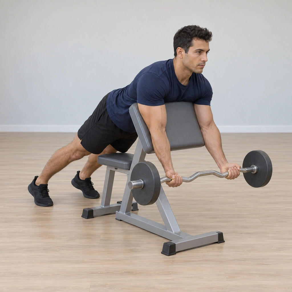 He lies chest-down against the preacher bench front at a 45-degree slant, stomach pressed to the pad, toes planted on the floor behind him, his upper arms resting on the inside pad and his hands gripping the cambered bar palms-up at shoulder width.