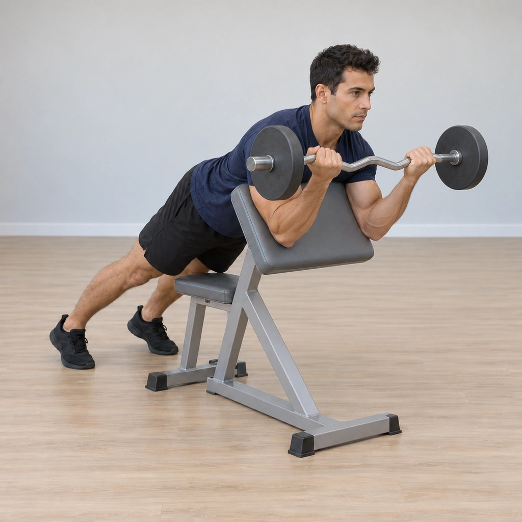 He is curling the bar upward, elbows bending under the fixed upper arms on the pad, the cambered bar rising toward shoulder height, exhaling through the lift.