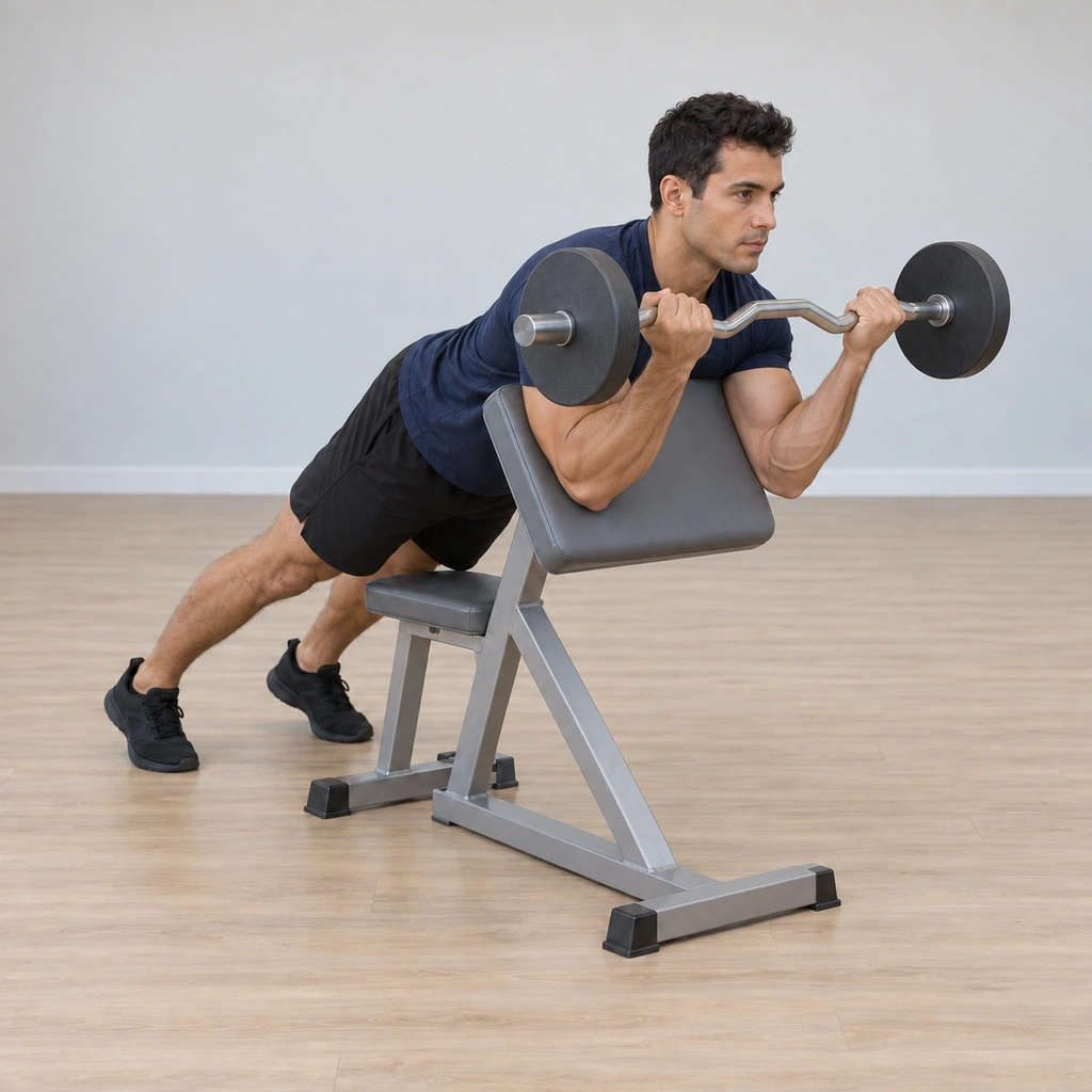 He holds the bar at the curled top for a second, biceps squeezed, elbows fully bent with the bar near shoulder height, upper arms still pinned to the pad.