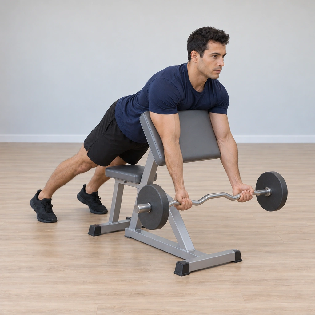 He is lowering the bar back down under control, elbows extending, the bar returning toward arm length, breathing in, his body still pinned to the bench.