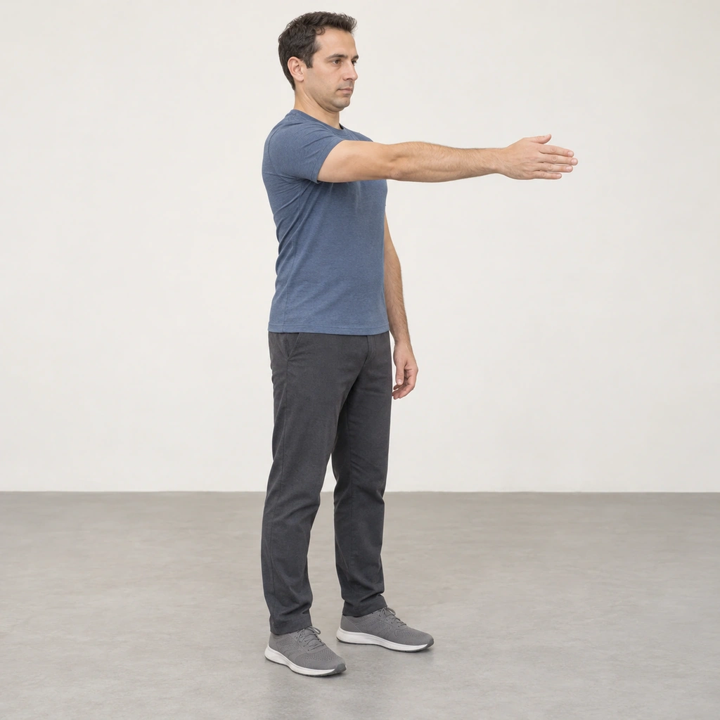 A standing man with his right arm reaching straight forward at shoulder height, the right shoulder pushed forward and his chin tucked.