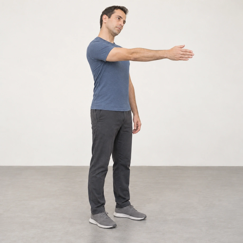 The same standing man with his right arm still at shoulder height, the right shoulder drawn back, the jaw glided forward and the head tipped away from the raised arm.