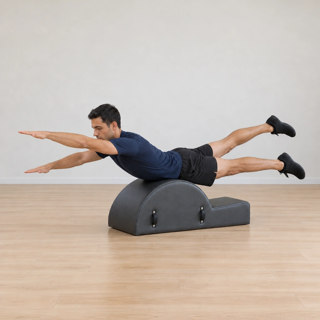 The man lifts his right leg and his left arm higher simultaneously while balanced on the arc apex, the left leg and right arm now holding the extension line.