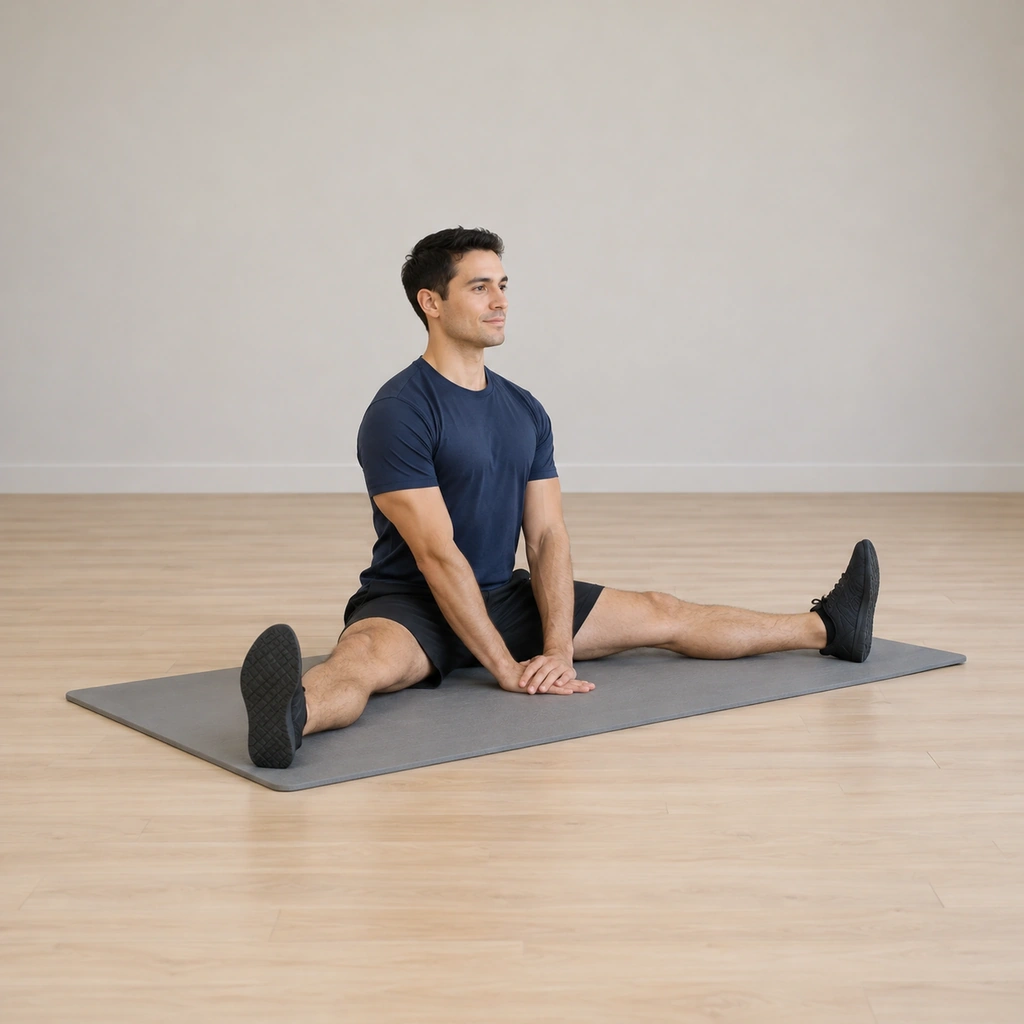 He sits tall on the mat with his legs spread wide, feet flexed, his hands stacked one on top of the other on the mat between his thighs.