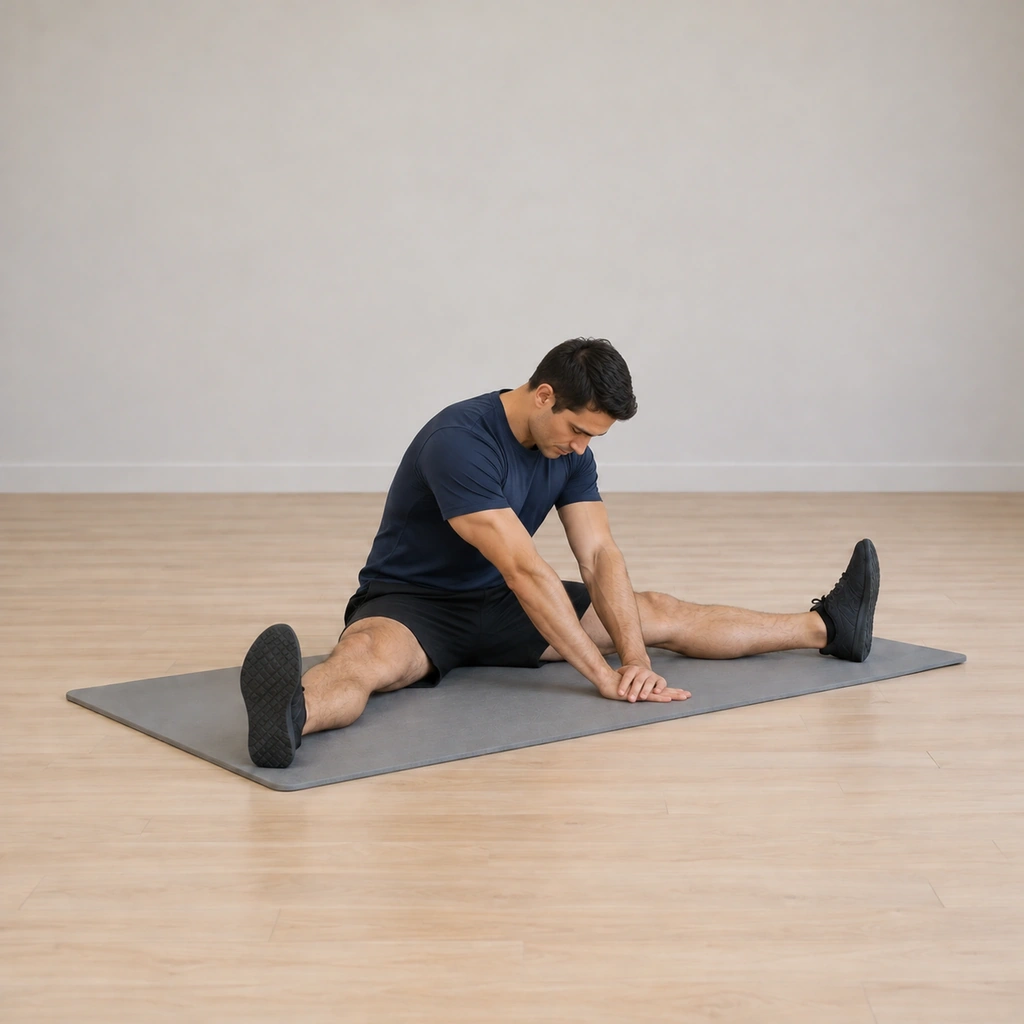 He rounds forward over the mat between his legs, his stacked hands pressing down and into the floor as his spine lengthens in the curve.