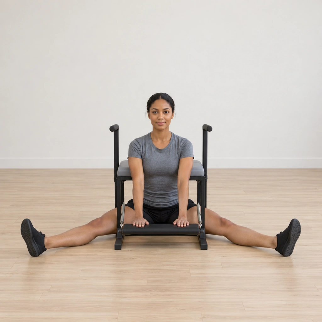 She sits tall on the floor in front of the wunda chair, her legs reaching long on either side of it, the heels of her hands resting on the spring pedal, her shoulders stacked over her hips.