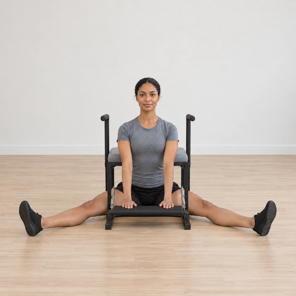 Her spine is lifted taller through the crown, her heels pressing down and reaching forward on the floor so her legs stay active, her hand heels still resting on the pedal without hanging.