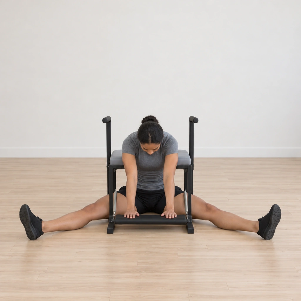 Her spine is rounded forward in an up-and-over arc, her waist lifted, her straight arms still connected to her back pressing the pedal down through the hand heels only as far as her rounding carries it.