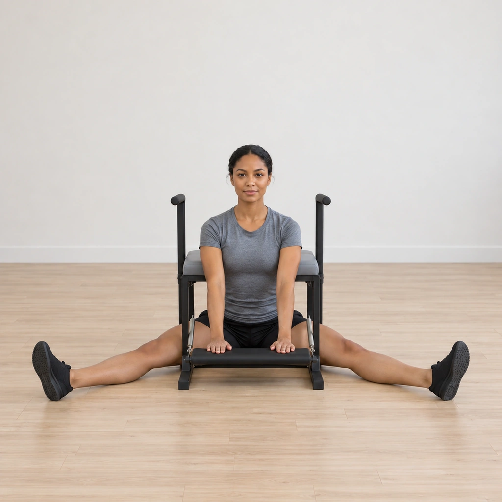 She is returning to the tall seated start, the rising pedal supporting her through the connected arms, her shoulders stacking back over her hips and her crown lifting again.