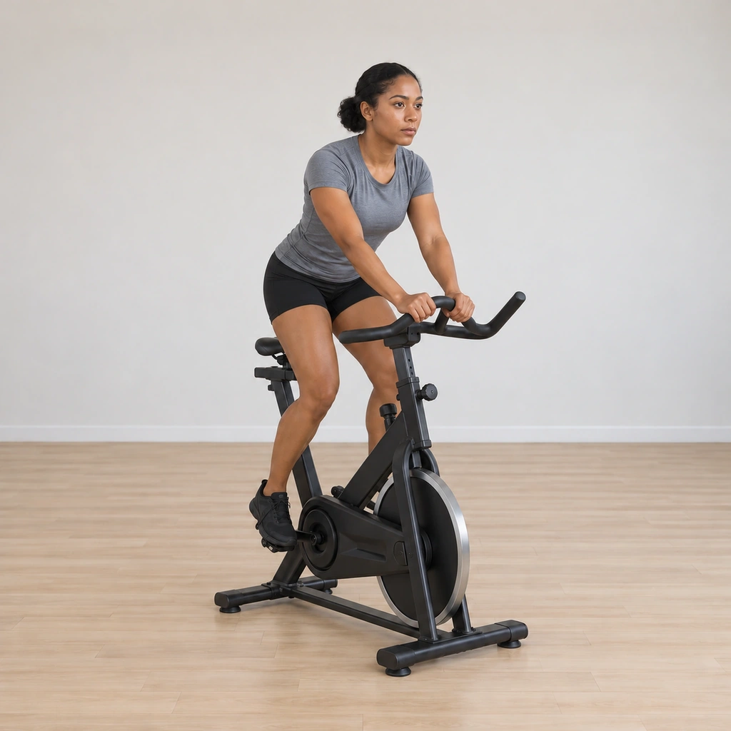She continues standing-pedalling while both her hands have moved to the middle of the handlebars in Position 2, her climbing rhythm unbroken.