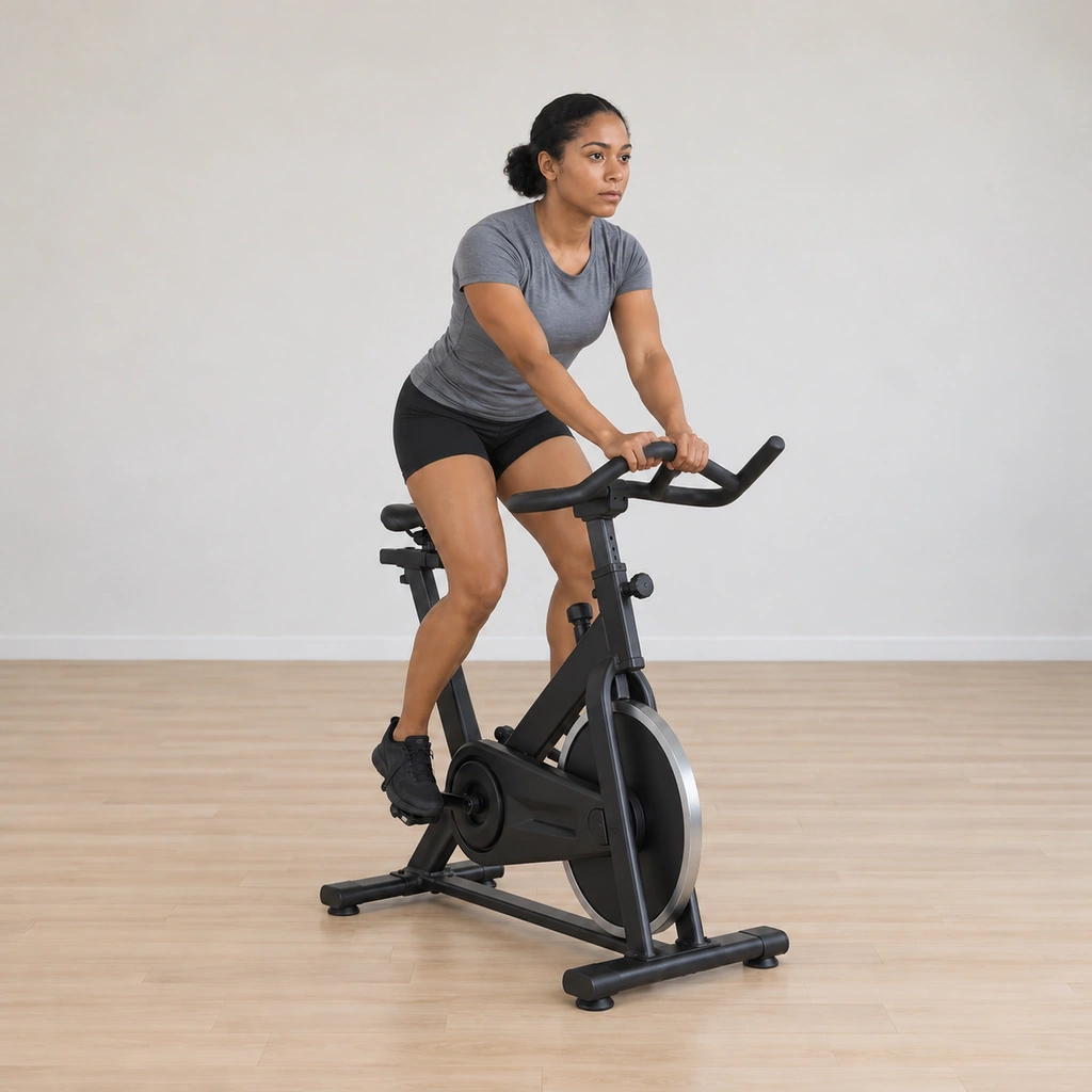 She stands-pedals on with both hands held in the middle Position 2, her elbows soft and the climbing cadence steady.
