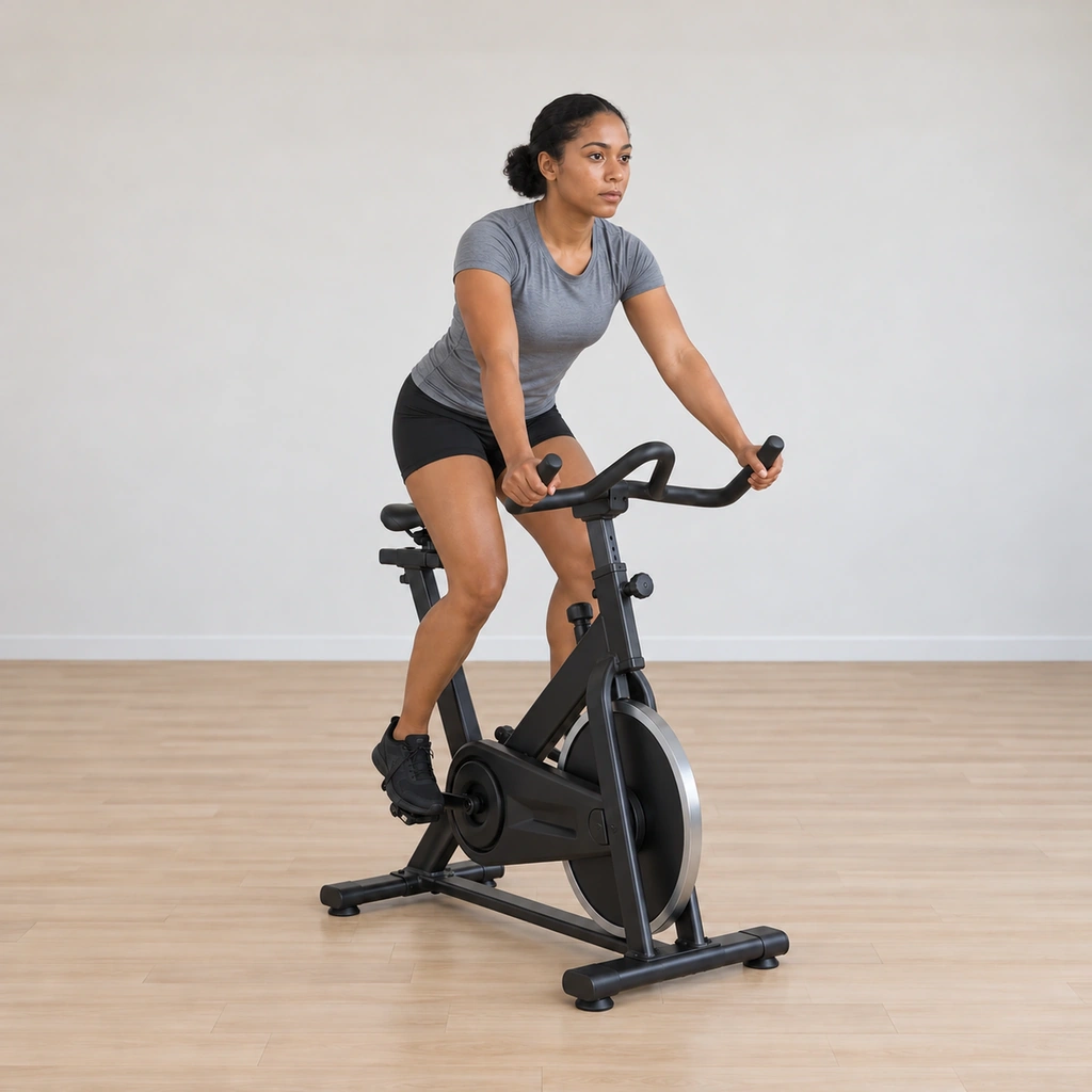 She has returned both hands to the ends of the bars in Position 3, still standing-pedalling, the cycle ready to repeat.