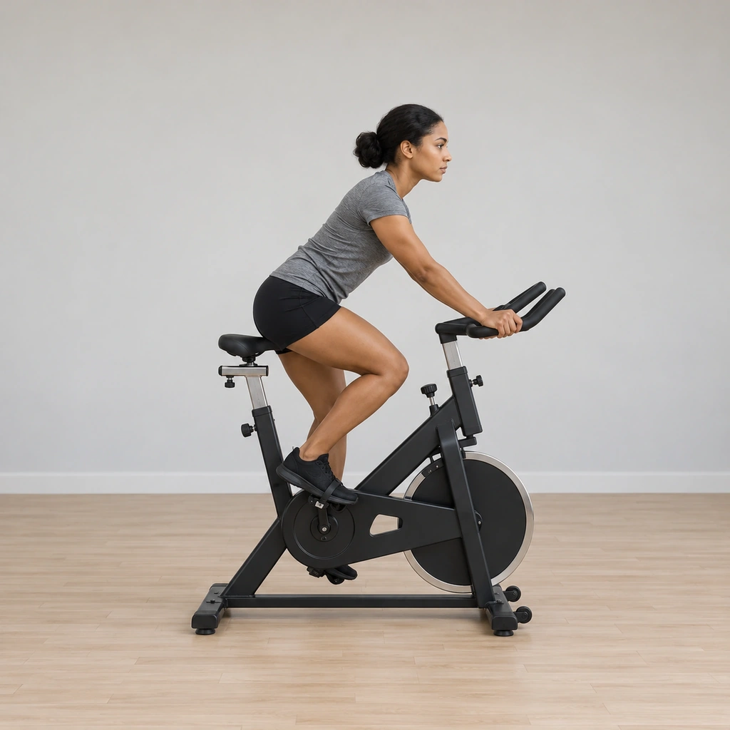 She sits on the saddle of the stationary bike pedalling, hands resting on the middle handlebar position, posture upright.