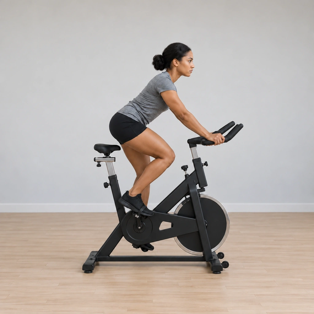 She has lifted her seat off the saddle staying low, body pitched slightly forward, hands on the handlebar ends.