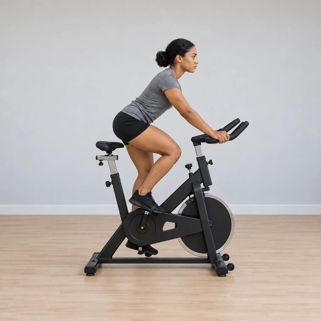 She is pedalling with her seat held just a few centimetres above the saddle point, the gap small and held, hands on the bars.