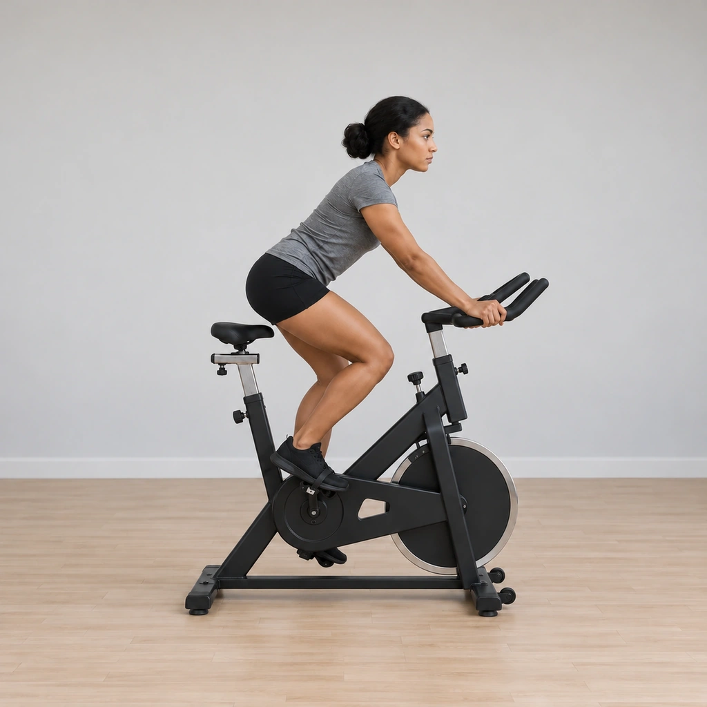 The low hover continues through the pedal stroke, her seat still suspended centimetres over the saddle, legs driving the pedals.