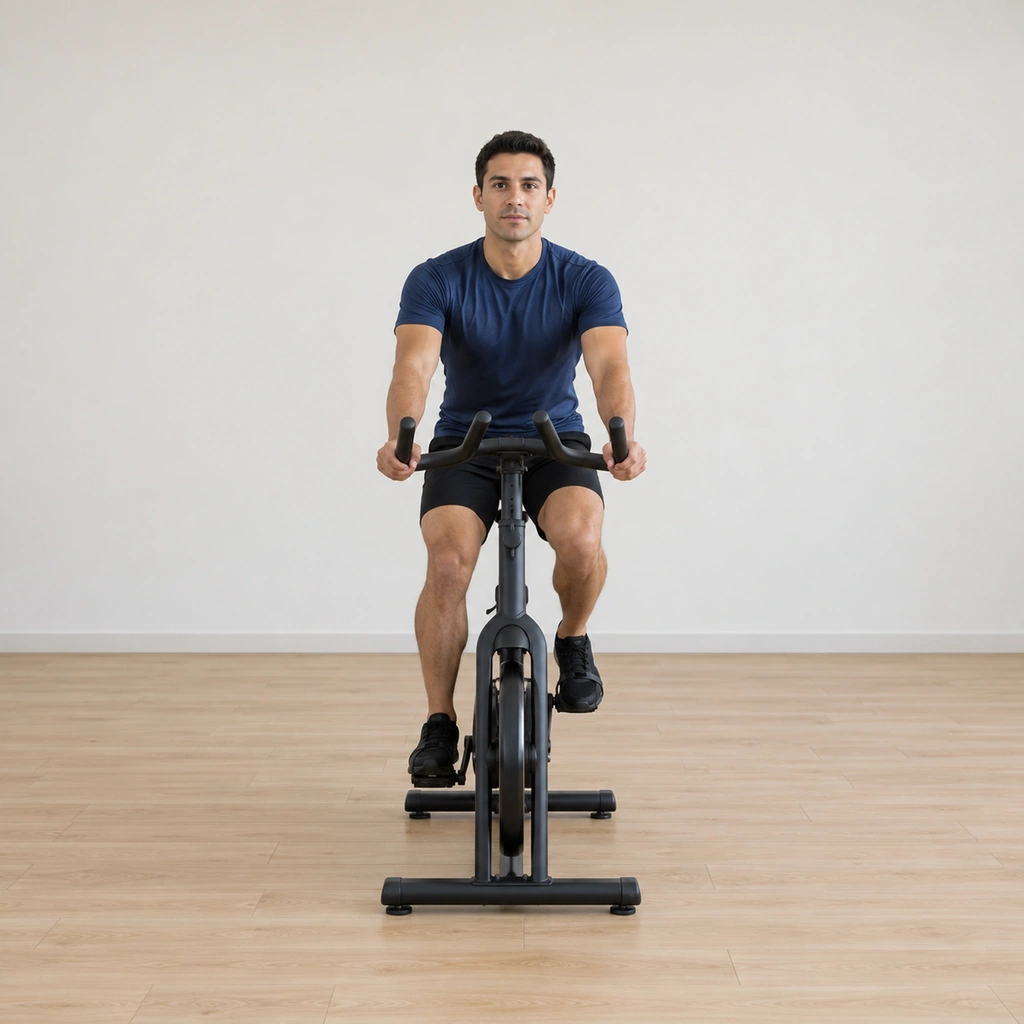 He sits tall on the stationary bike pedalling evenly, hands on the bars, torso upright and quiet.