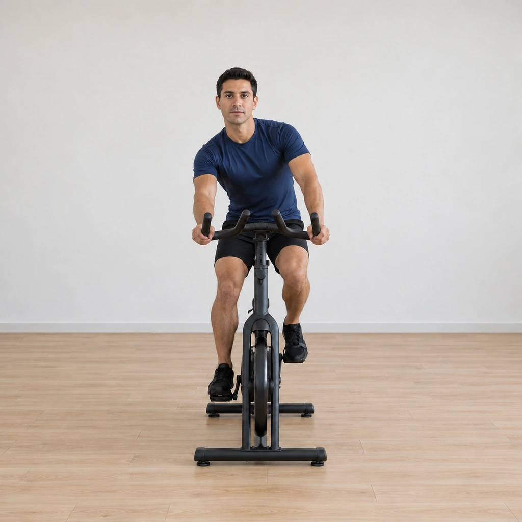 His upper body has drifted into the first side loop of the figure-8 - shoulders and ribs shifted gently to his right while his hands stay on the bars and his legs keep pedalling.