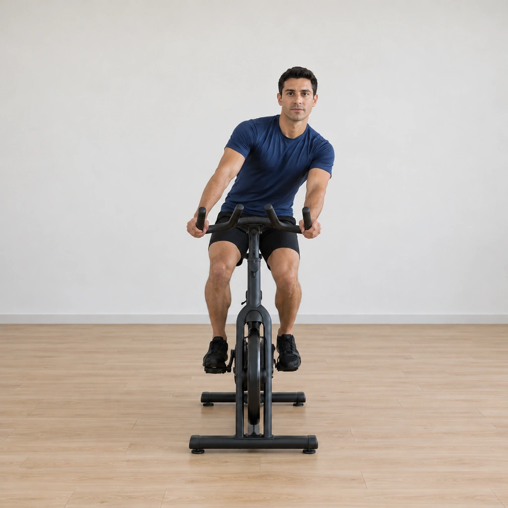 His torso is crossing the middle of the figure-8, the shoulders drawing from the right loop back through centre toward the left, the pedal stroke uninterrupted.