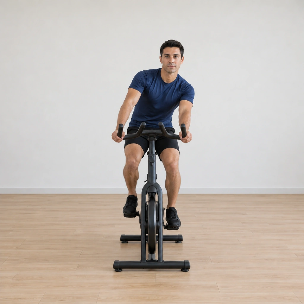 He is into the second loop of the figure-8, his upper body rounding the left side while the legs maintain the same steady pedal stroke.