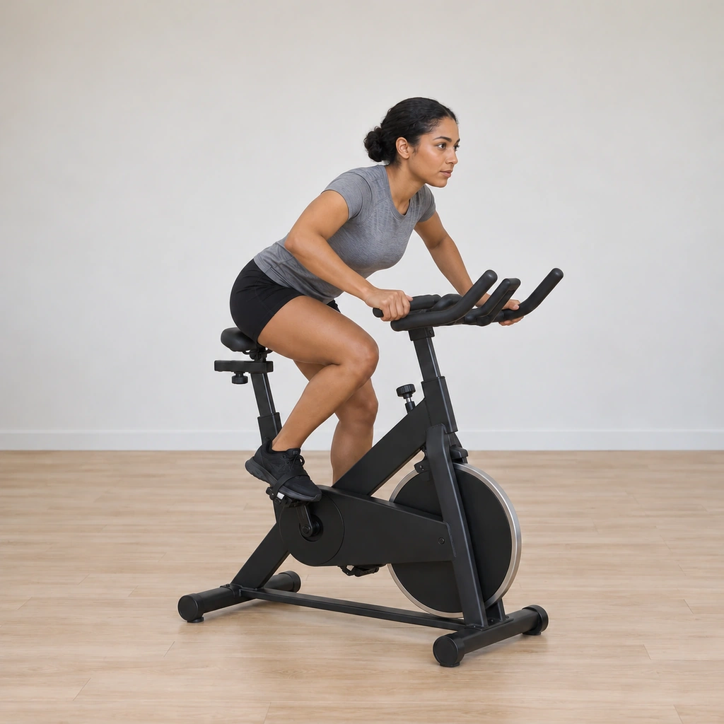 She pedals seated with her chest lowered toward the handlebars on controlled bent elbows, elbows tracking down rather than flaring wide, her upper back still braced.