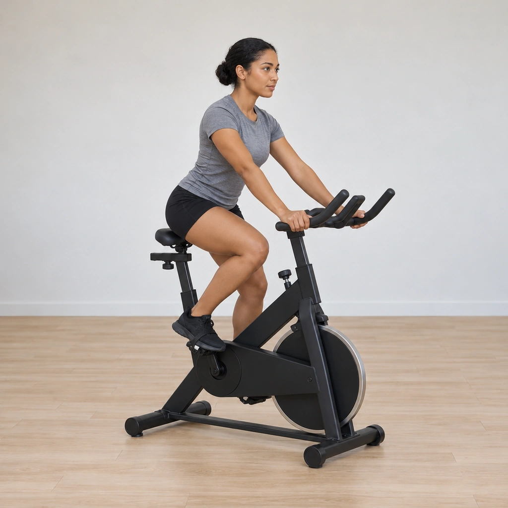 She pedals seated tall again, shoulder blades drawn together and upper back braced, settling the rhythm between reps.