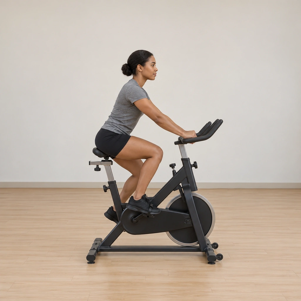 She pedals seated on the bike, hands gripping the middle of the bars in Position 2, the four seated counts under way.