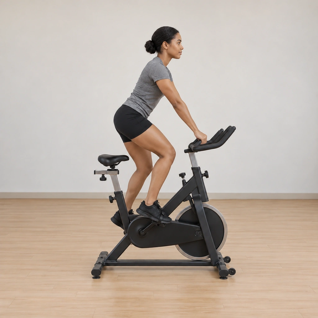 She has risen off the saddle into standing pedalling, her hips lifted forward and up, the hands still in Position 2 and the legs driving the stroke.