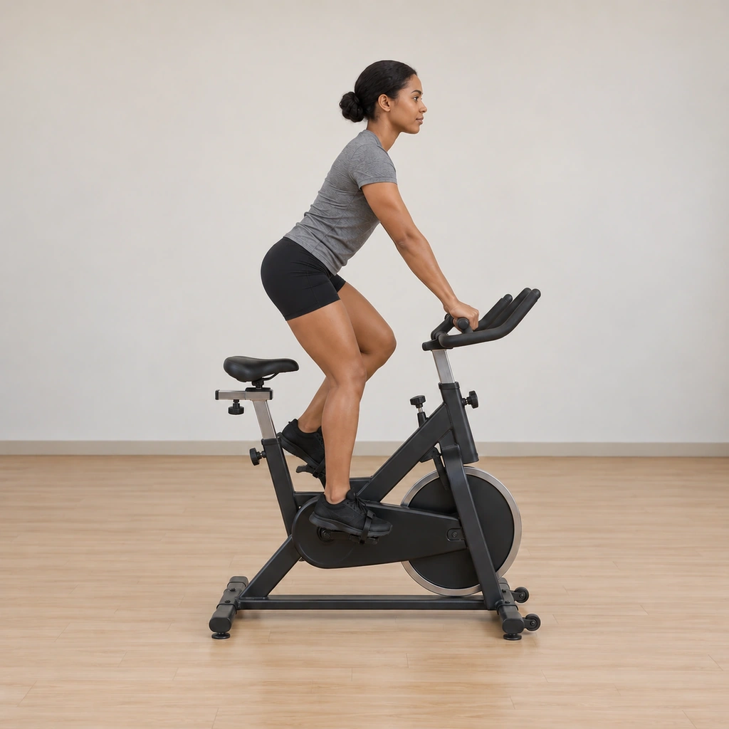 She pedals standing over the bike, weight over the pedals, hands still holding Position 2, the four standing counts under way.