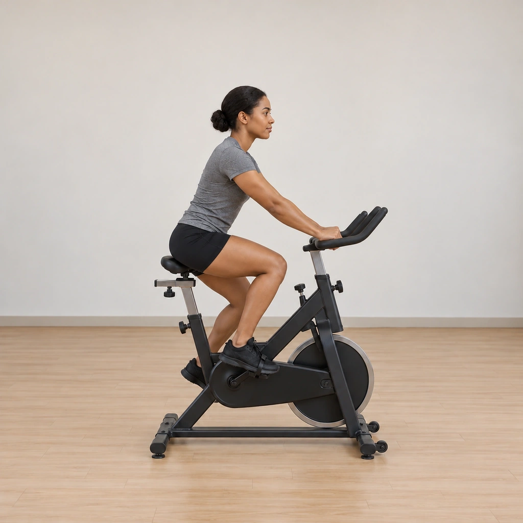She is lowering back onto the saddle in a controlled soft sit-down, trunk braced, the seat meeting the saddle without a drop while the legs keep pedalling.