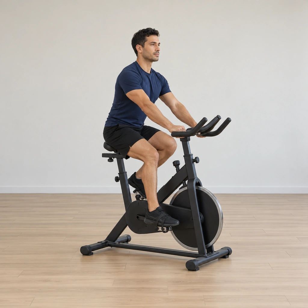 He sits tall on the bike saddle, chest lifted, hands on the bars and both feet on the pedals ready for the reverse stroke.