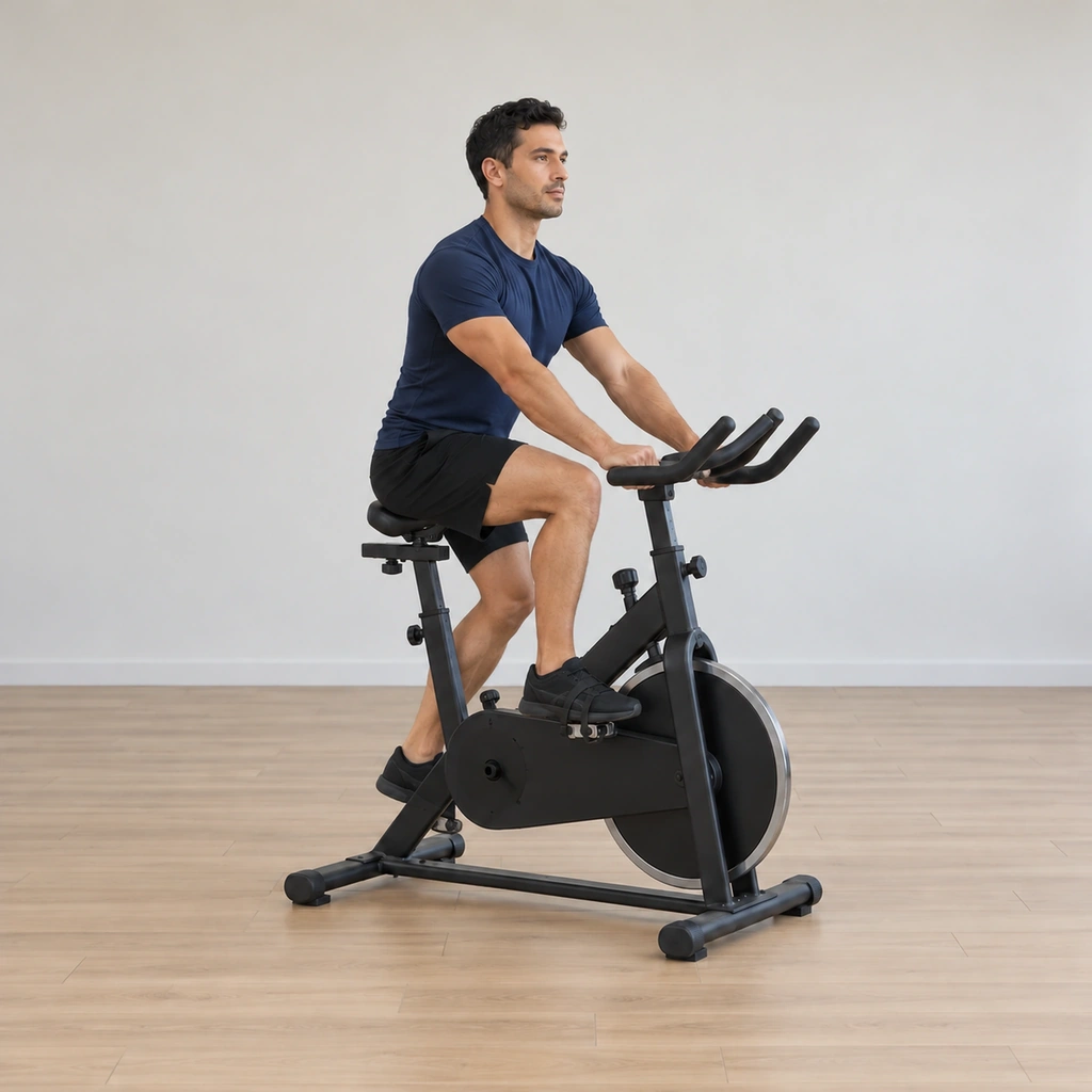 He pedals seated, driving the right pedal down and back through the reverse revolution, pushing through the midfoot and heel while his chest stays lifted.