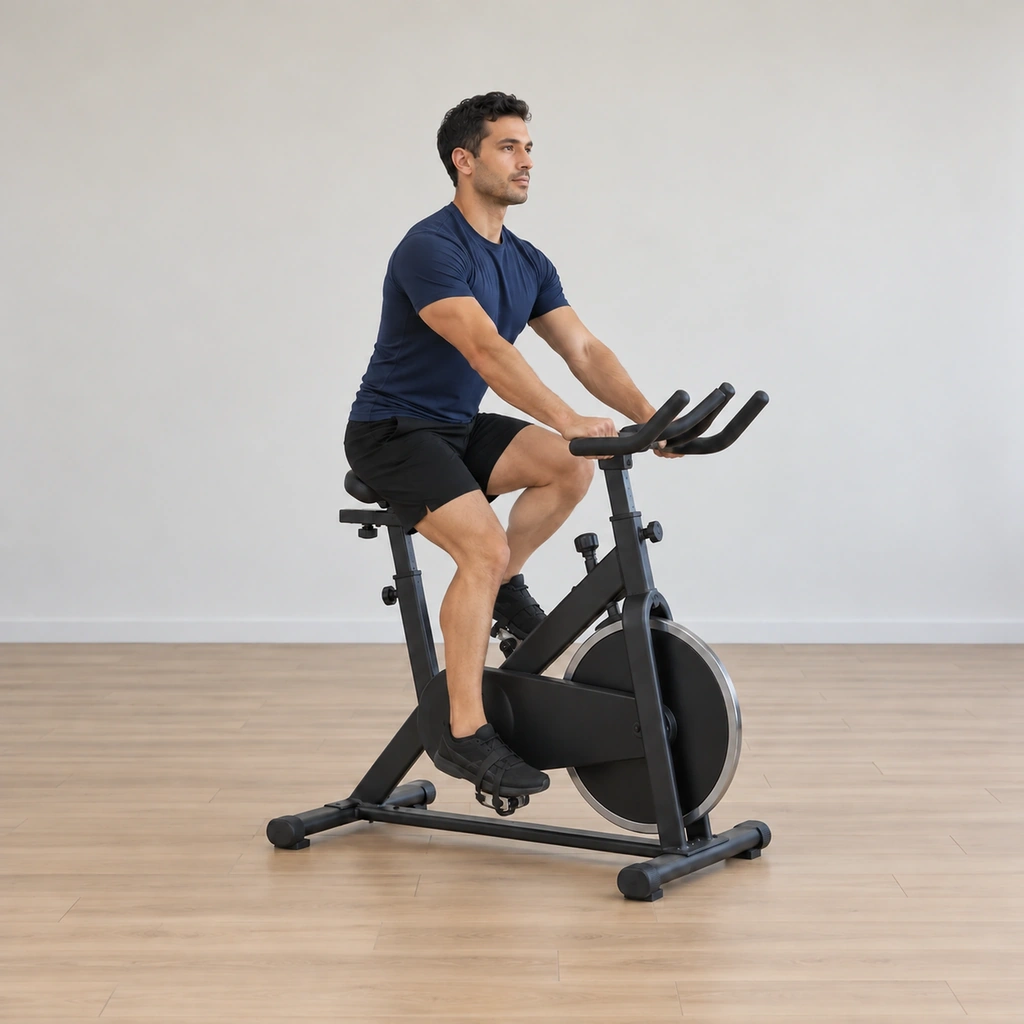He pedals seated through the bottom of the reverse stroke, the cranks mid-revolution backward, chest lifted and knees tracking over the toes.