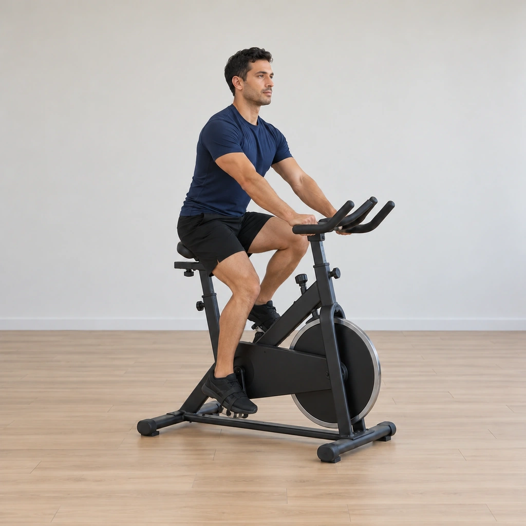 He pedals seated, driving the left pedal down and back through the continuing reverse revolution, chest lifted, pushing through the midfoot and heel.